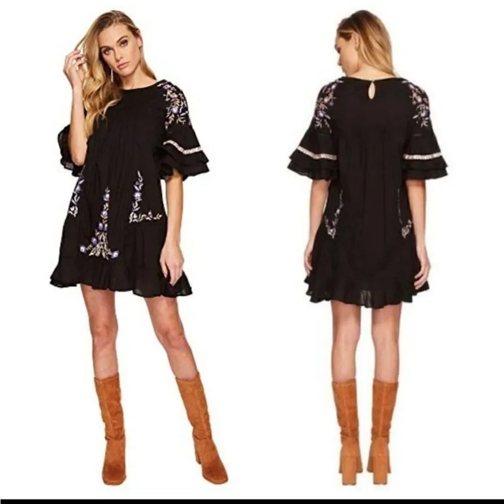 Free People Pavlo Babydoll Black Embroidered Dress Size S